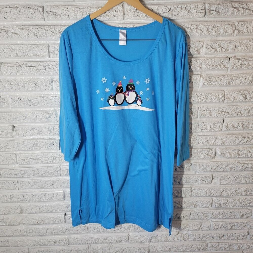 Women's Nightgown 1X 2X Blue Penguin Sleep Shirt Loungewear Plus Size NOV72E